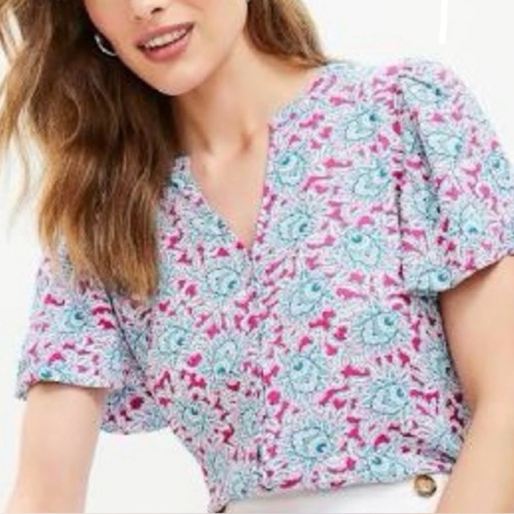 LOFT | Pink/Blue/Green Peacock Feather Print 100% Rayon Button-Front Blouse Sz M